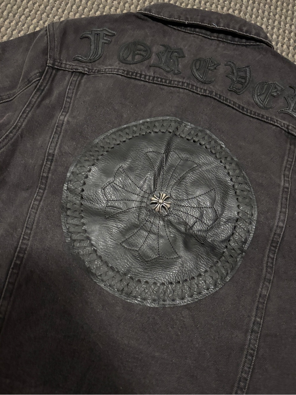 Chrome Hearts Black Embroidered Denim Jacket with Big Leather Floral backhit